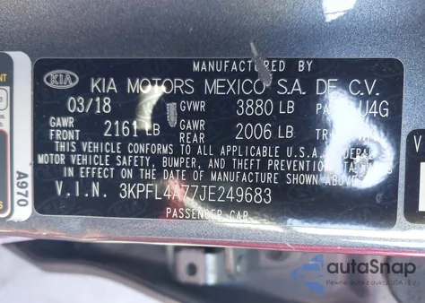 2018 Kia Forte S из США, поврежденный, VIN 3KPFL4A77JE249683